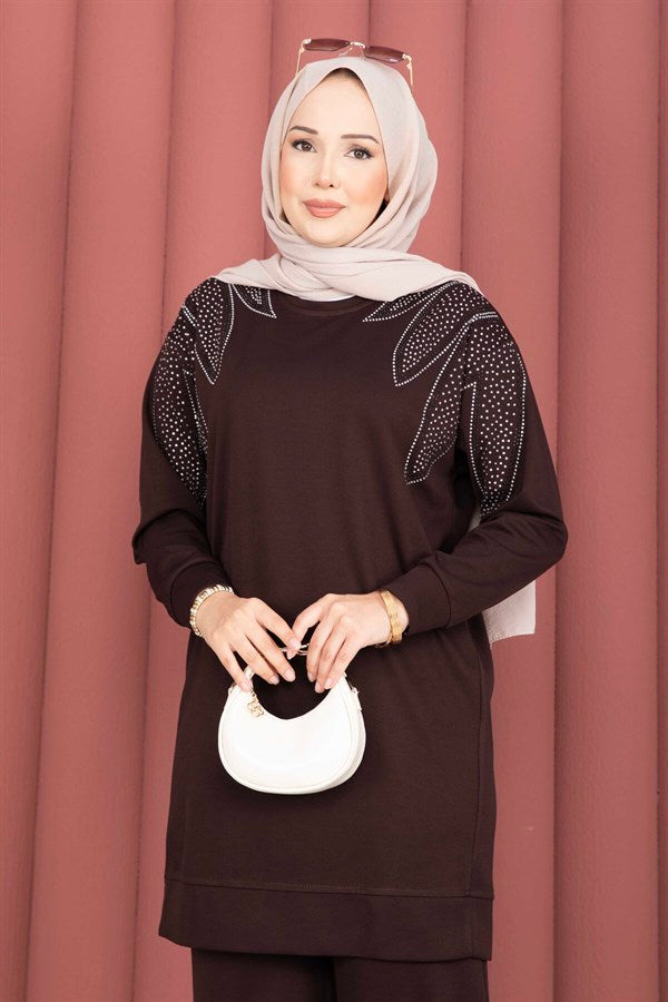 Shoulder Embellished Tunic and Pants 2 Piece Set in Coffee Brown
