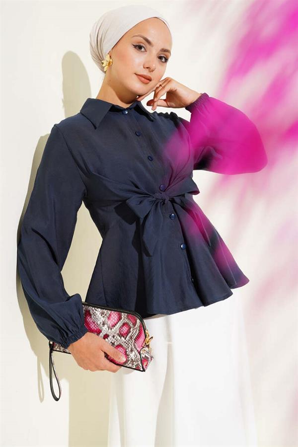 Front Tie Elastic Sleeve Tunic Navy Blue
