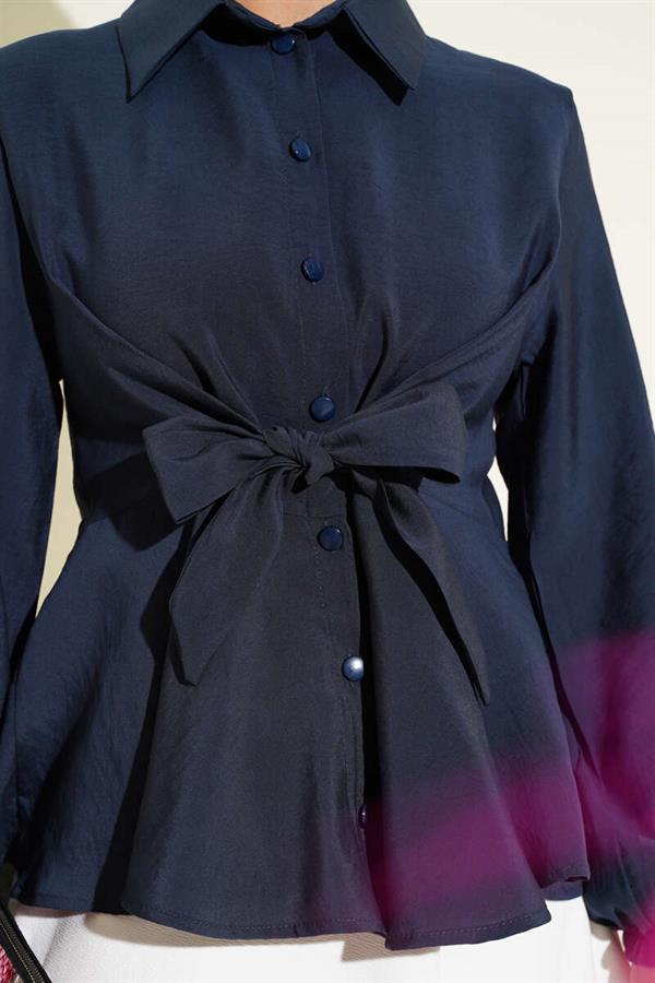 Front Tie Elastic Sleeve Tunic Navy Blue