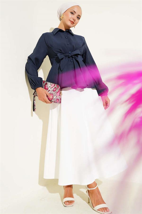 Front Tie Elastic Sleeve Tunic Navy Blue