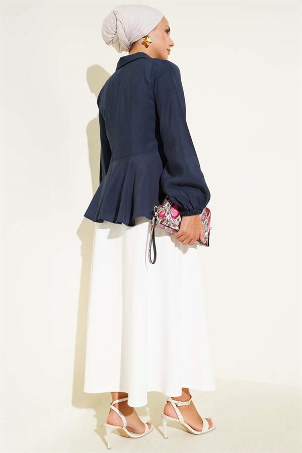 Front Tie Elastic Sleeve Tunic Navy Blue