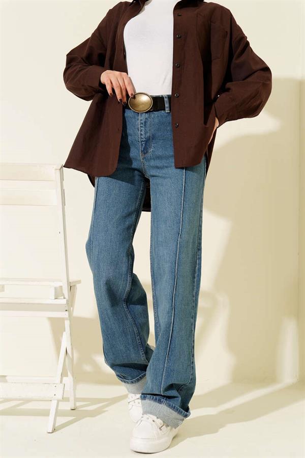 Front-Stitched Palazzo Jeans, Light Blue