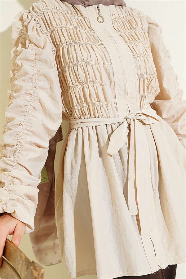 Beige Jacket with Gathered Front and Sleeves and Belt