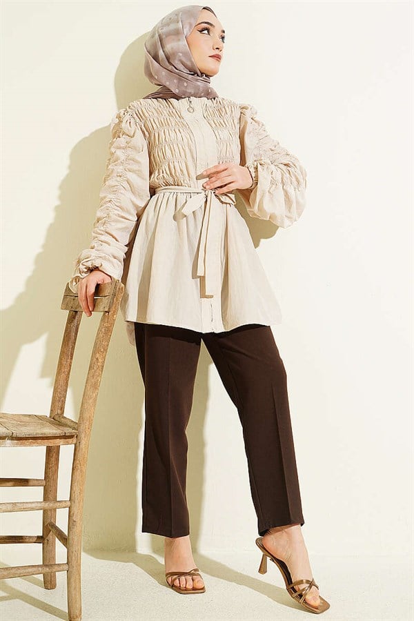 Beige Jacket with Gathered Front and Sleeves and Belt
