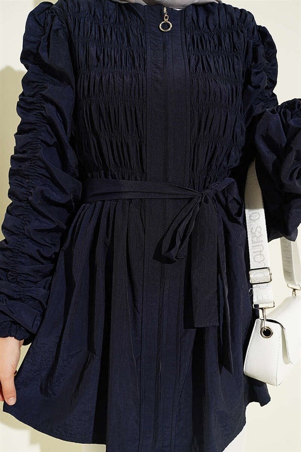 Navy Blue Jacket with Gathered Front and Sleeves and Belt