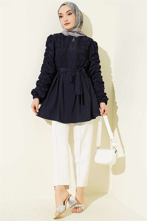 Navy Blue Jacket with Gathered Front and Sleeves and Belt