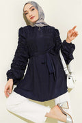 Navy Blue Jacket with Gathered Front and Sleeves and Belt