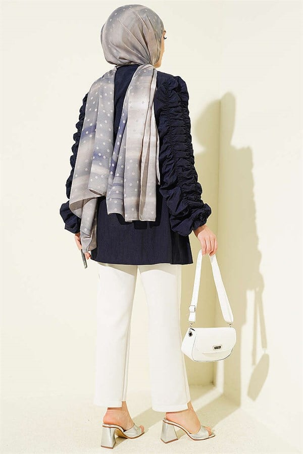 Navy Blue Jacket with Gathered Front and Sleeves and Belt
