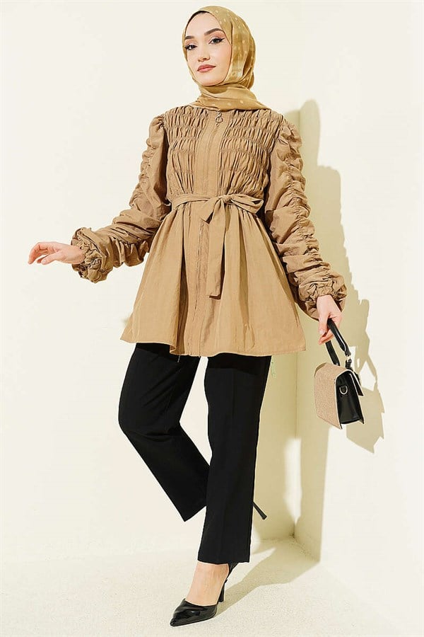 Front and Sleeve Gathered Belted Jacket Latte