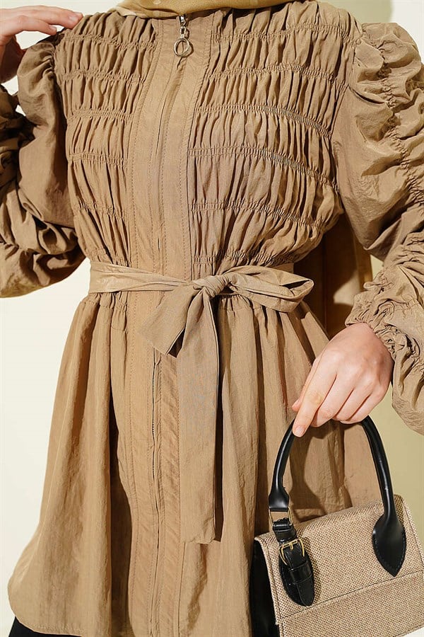 Front and Sleeve Gathered Belted Jacket Latte