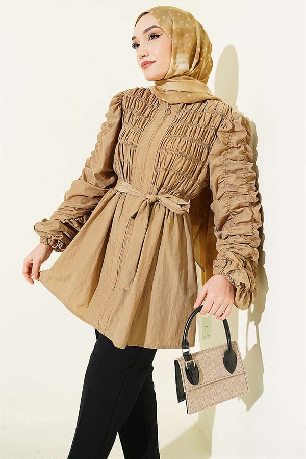 Front and Sleeve Gathered Belted Jacket Latte