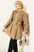 Front and Sleeve Gathered Belted Jacket Latte