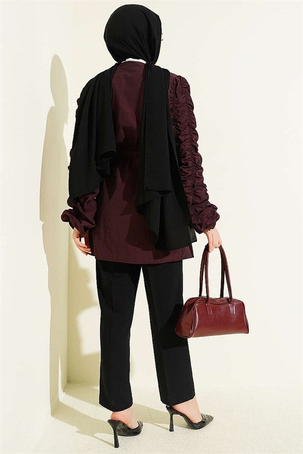 Front and Sleeve Gathered Belted Jacket, Plum