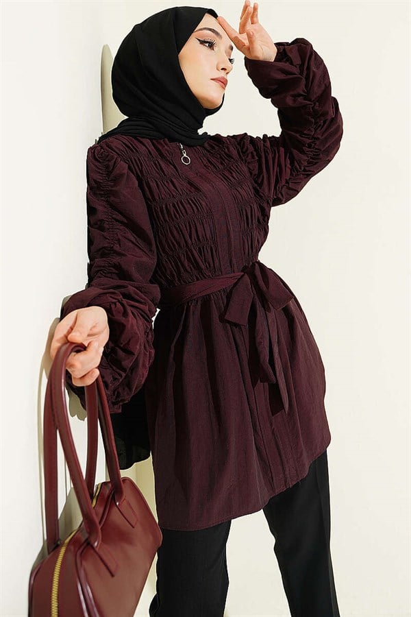 Front and Sleeve Gathered Belted Jacket, Plum