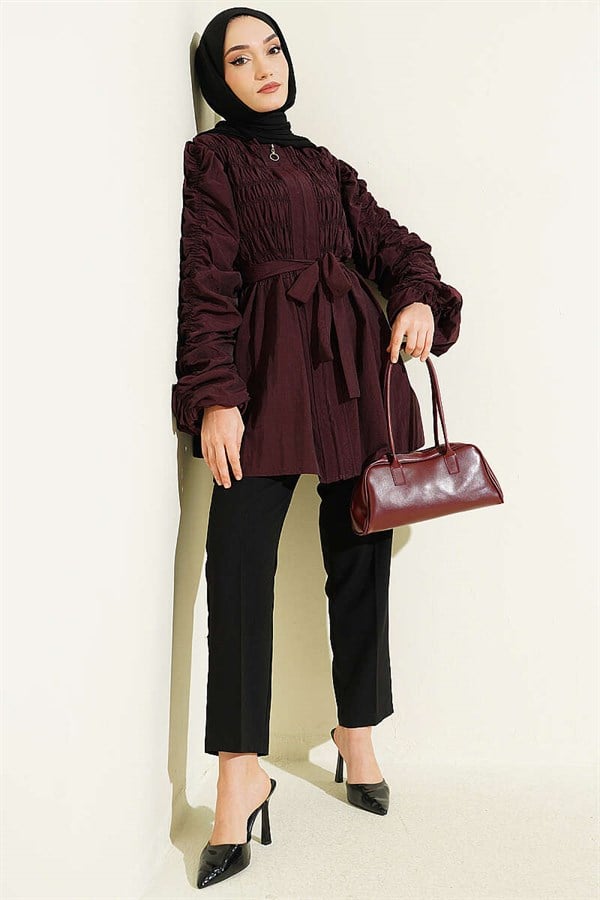 Front and Sleeve Gathered Belted Jacket, Plum