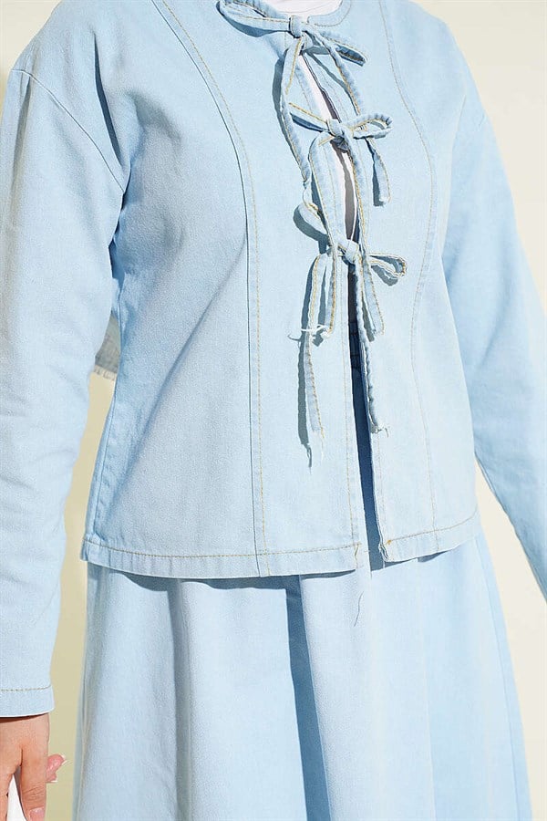 Front-lace denim skirt and 2 Piece Set in ice blue.
