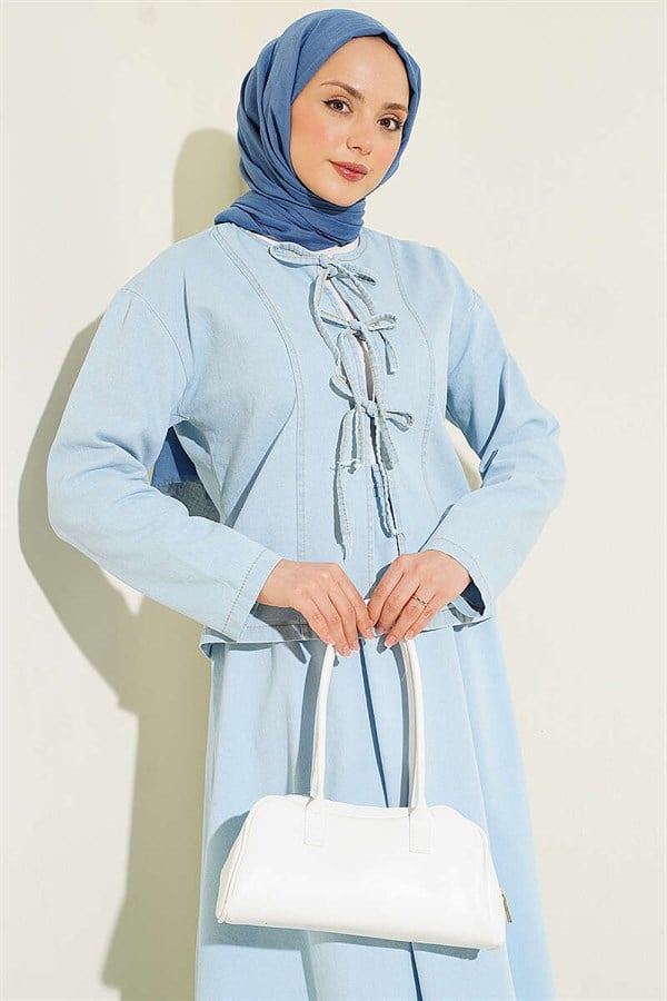 Front-lace denim skirt and 2 Piece Set in ice blue.