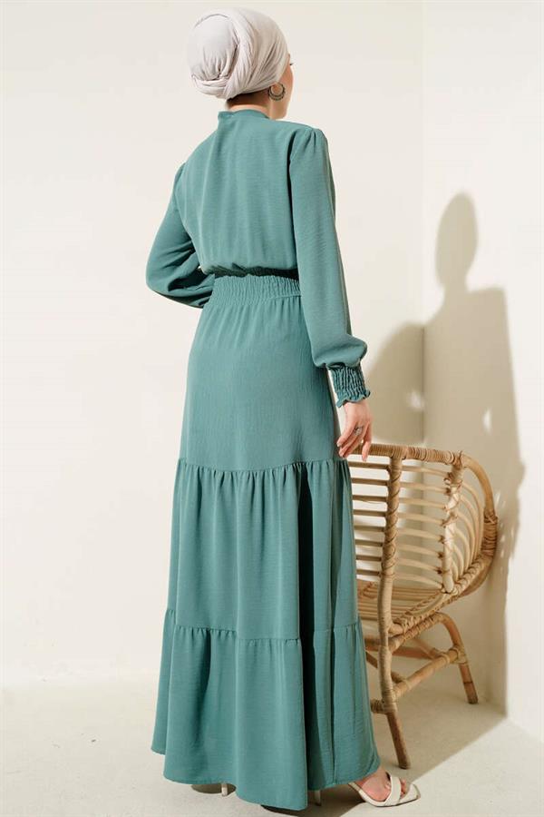 Elastic Dress with Front Tie Detail, Almond Green