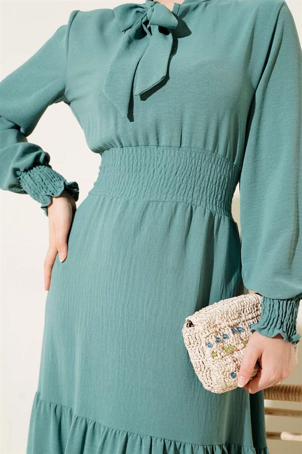 Elastic Dress with Front Tie Detail, Almond Green