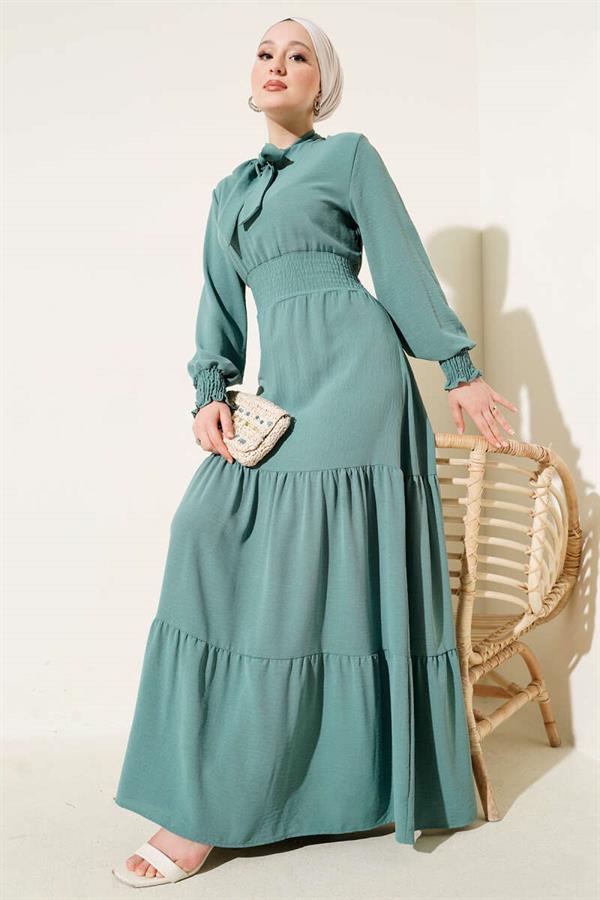 Elastic Dress with Front Tie Detail, Almond Green