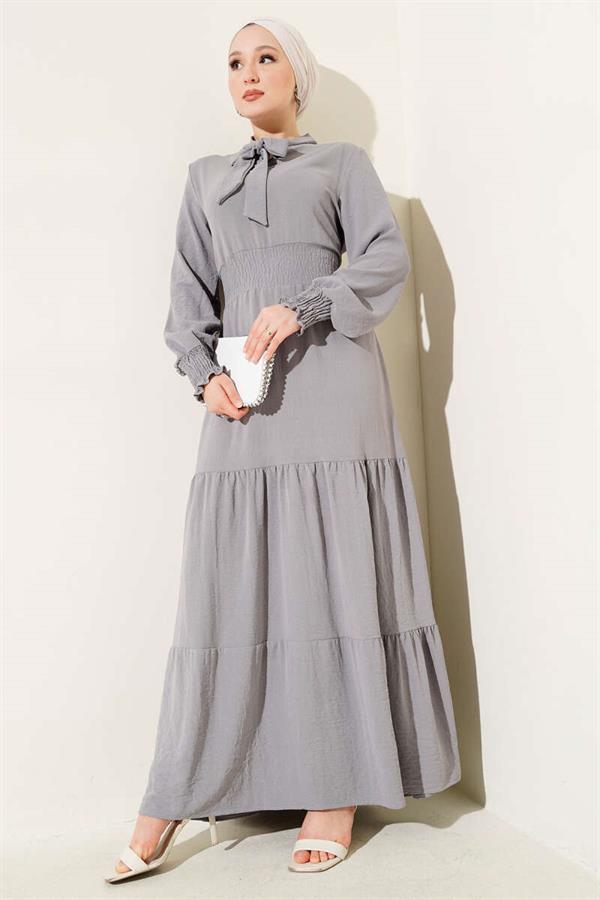 Elastic Dress with Front Tie Detail, Gray