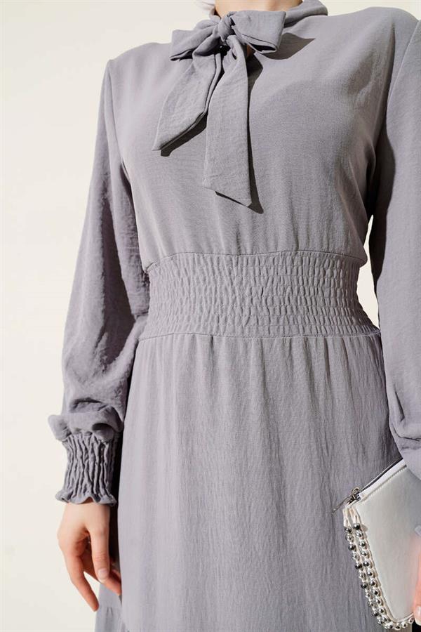 Elastic Dress with Front Tie Detail, Gray