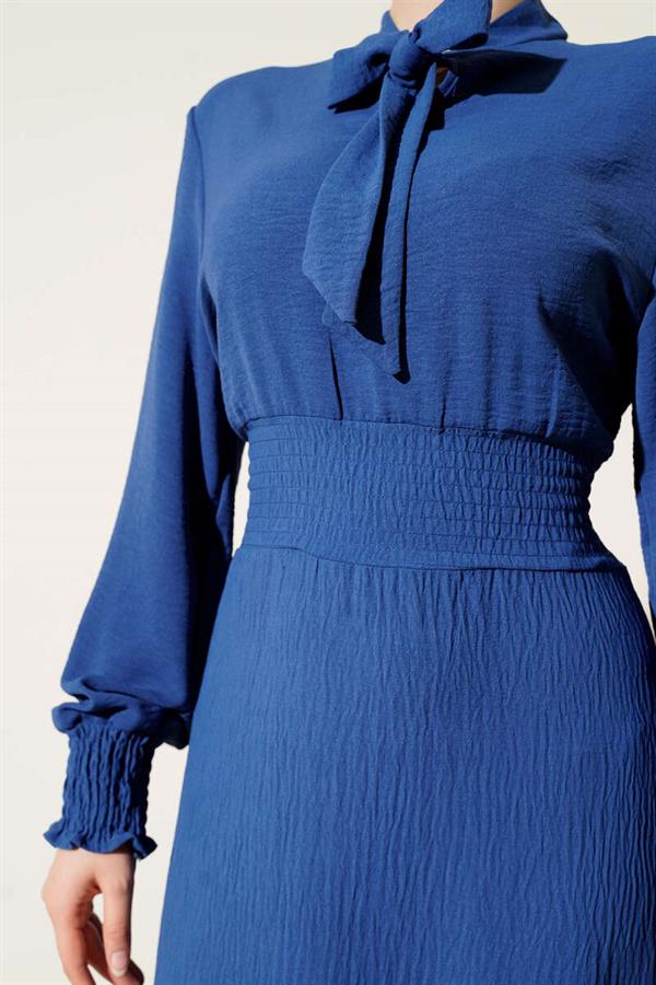 Elastic Dress with Front Tie Detail Indigo