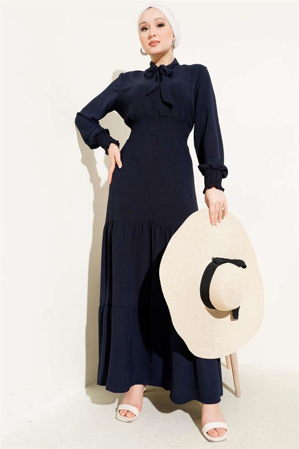 Elastic Dress with Front Tie Detail, Navy Blue