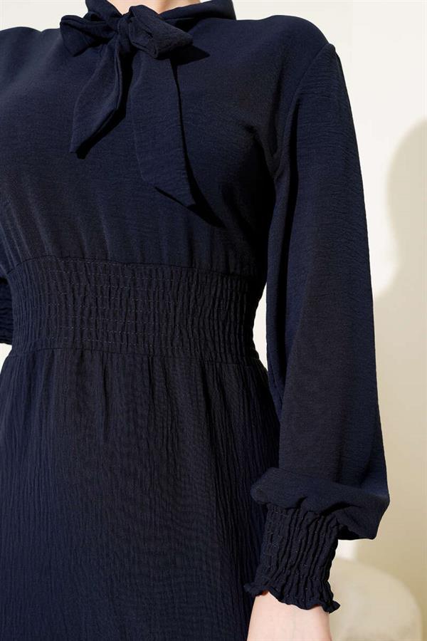 Elastic Dress with Front Tie Detail, Navy Blue