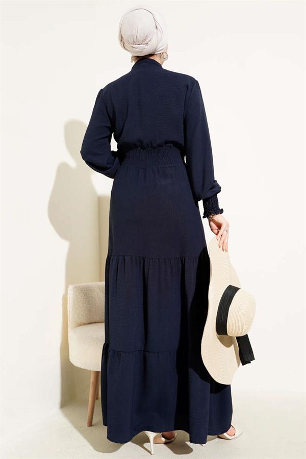 Elastic Dress with Front Tie Detail, Navy Blue