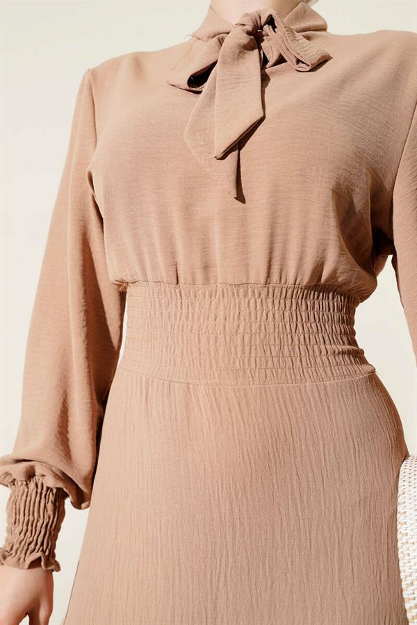 Elastic Dress with Front Tie Detail Latte