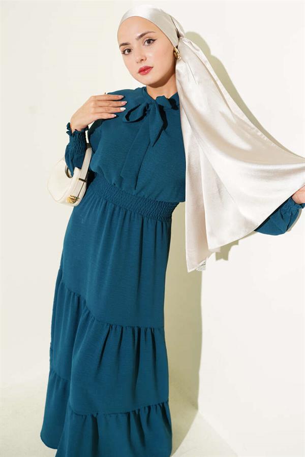 Elastic Dress with Front Tie Detail, Petrol Green