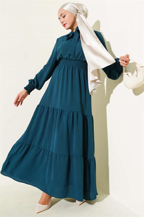 Elastic Dress with Front Tie Detail, Petrol Green