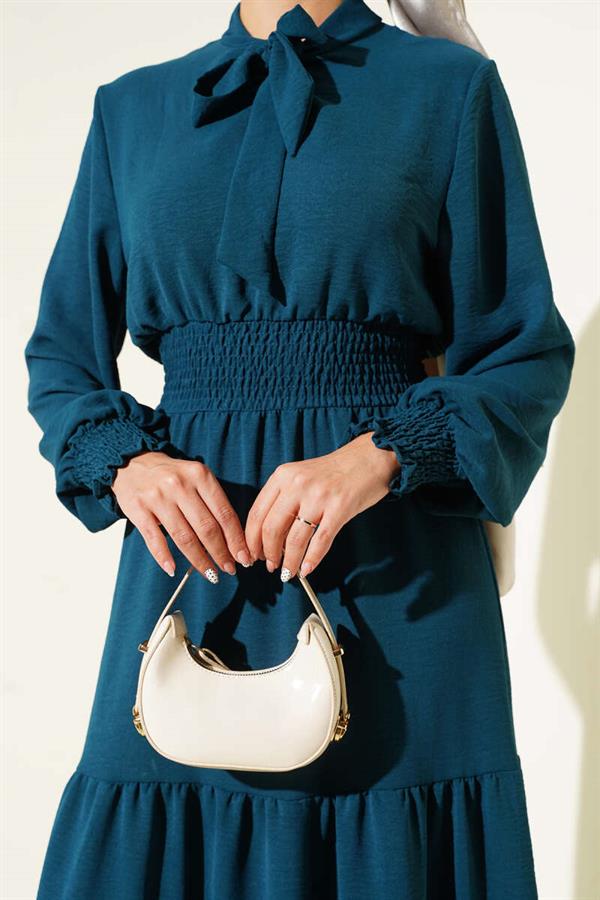 Elastic Dress with Front Tie Detail, Petrol Green