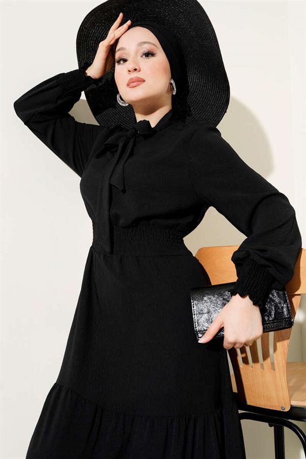 Elastic Dress with Front Tie Detail, Black