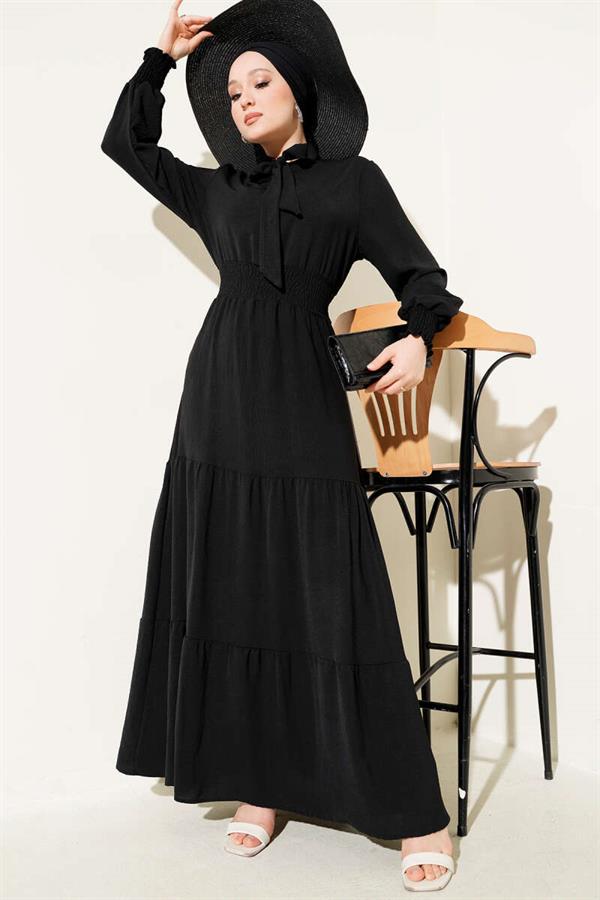 Elastic Dress with Front Tie Detail, Black