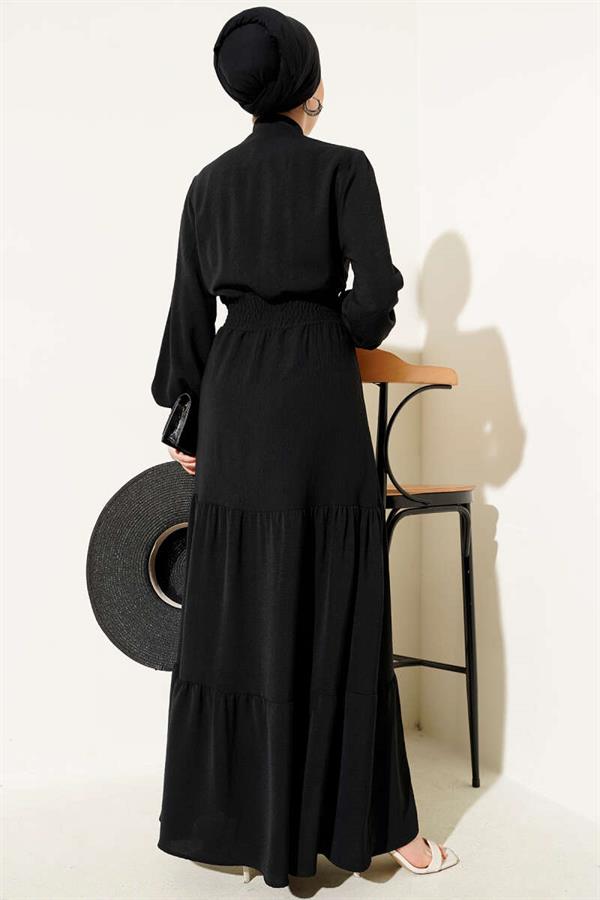 Elastic Dress with Front Tie Detail, Black