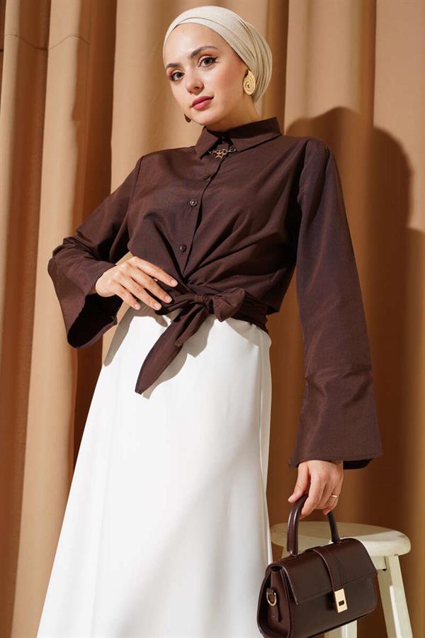 Front Tie Short Shirt Brown