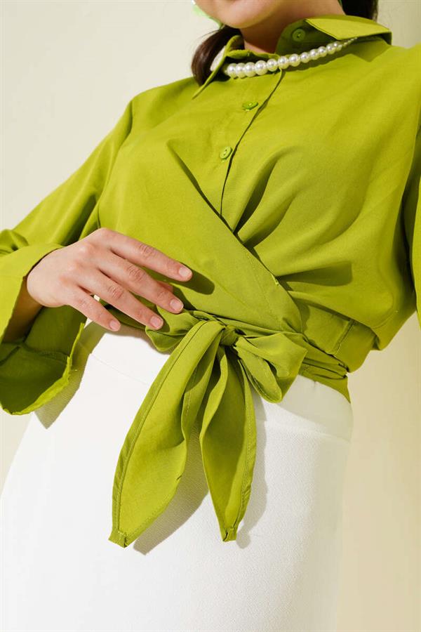 Front Tie Short Shirt Oil Green