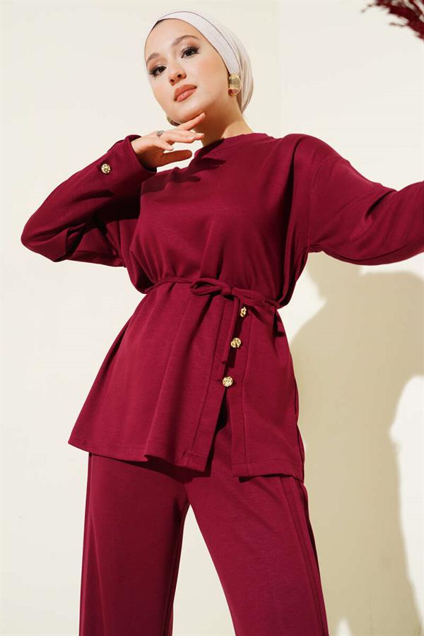 Button Detailed Front Laced 2 Piece Set Burgundy