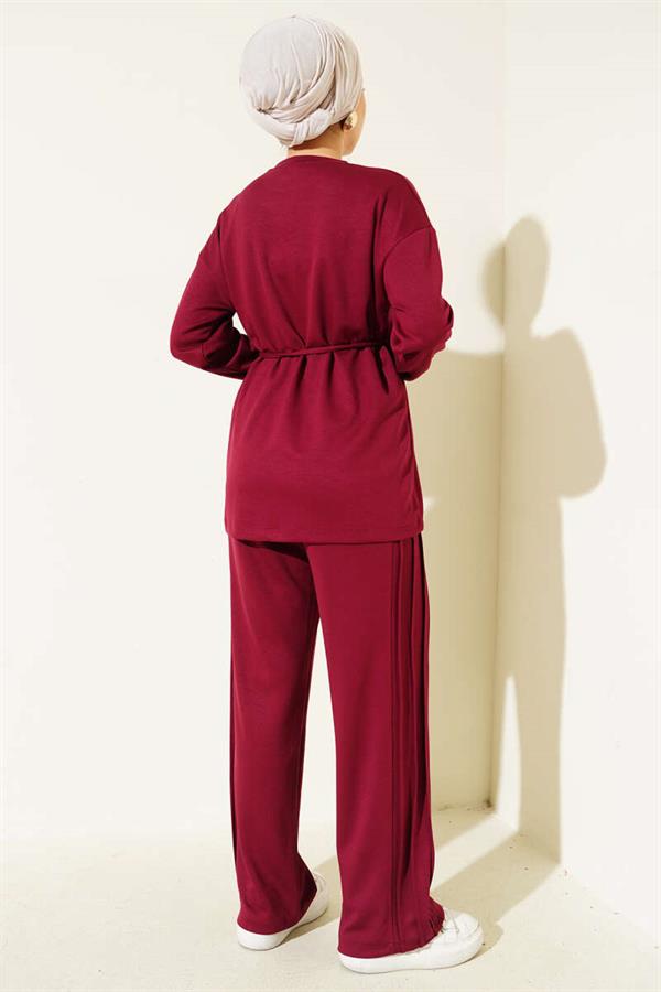 Button Detailed Front Laced 2 Piece Set Burgundy