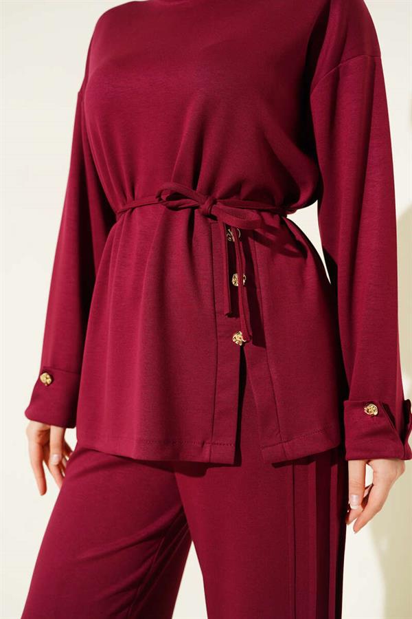 Button Detailed Front Laced 2 Piece Set Burgundy