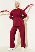 Button Detailed Front Laced 2 Piece Set Burgundy