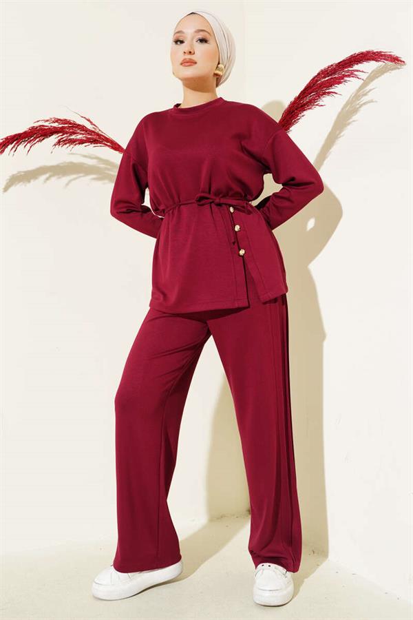 Button Detailed Front Laced 2 Piece Set Burgundy