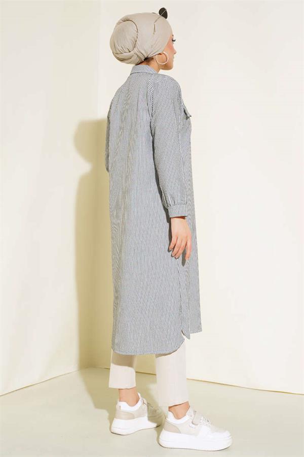 Front Buttoned Striped Waffle Tunic Black