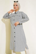Front Buttoned Striped Waffle Tunic Black