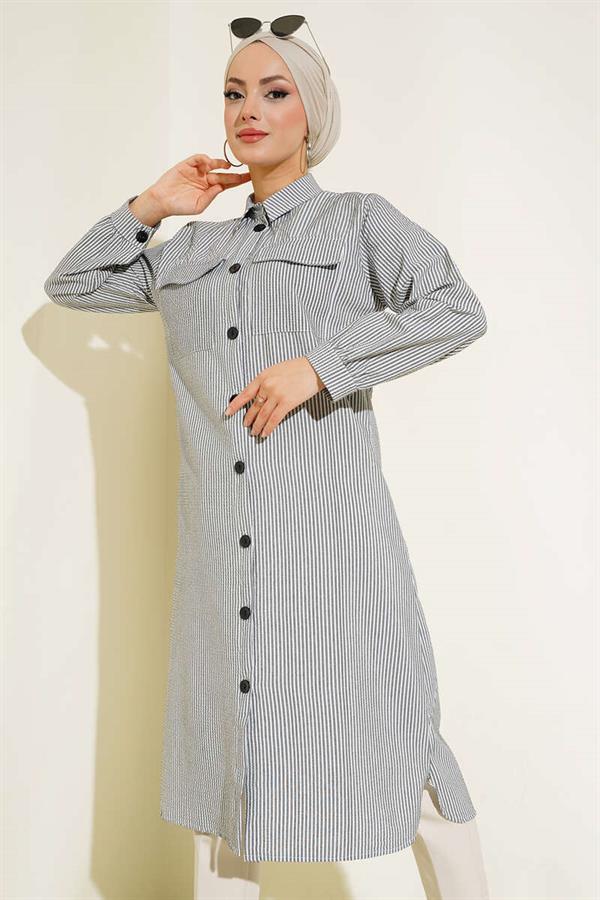 Front Buttoned Striped Waffle Tunic Black