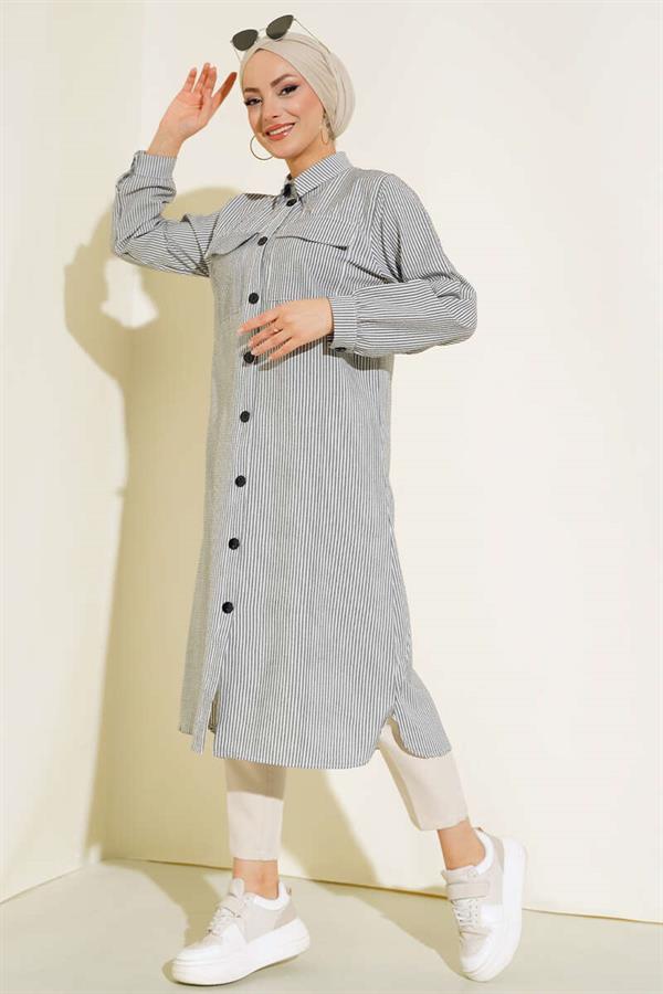 Front Buttoned Striped Waffle Tunic Black