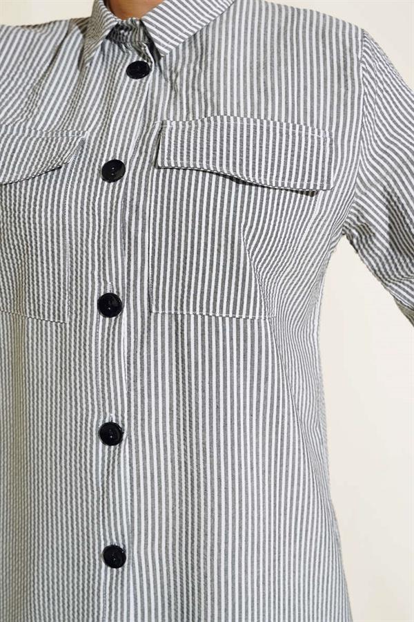 Front Buttoned Striped Waffle Tunic Black