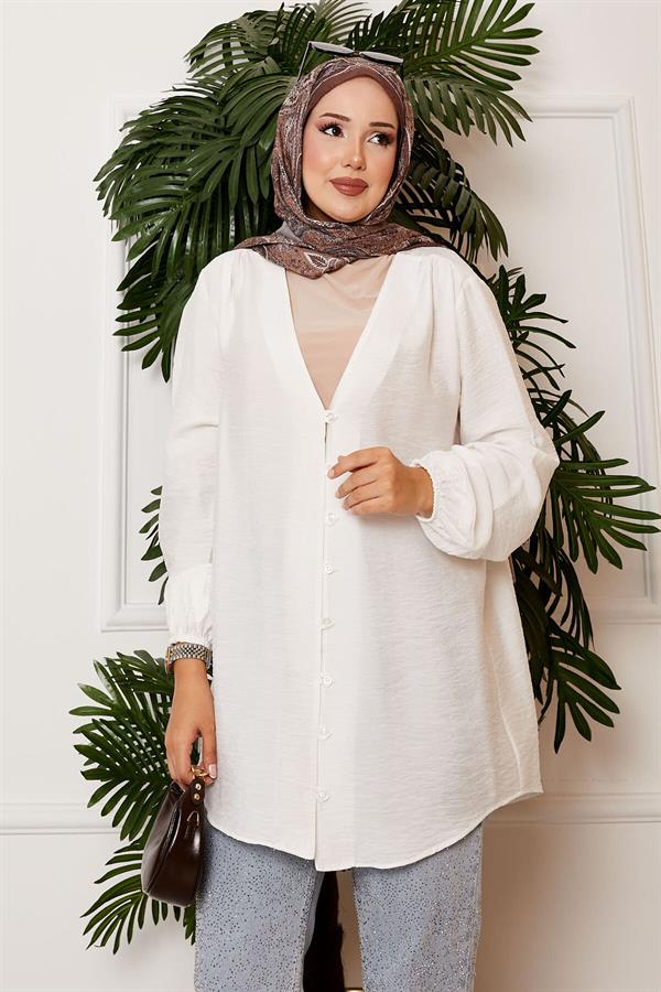 Button Front Kimono Shirt Ecru